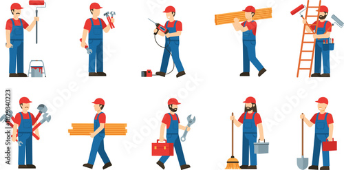 Cartoon construction workers, red caps, blue overalls, various tools, painting, drilling, sweeping, toolbox, teamwork, manual labor, illustration