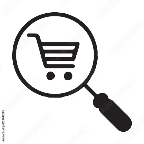 Online shopping search conceptual icon with magnifying glass and shopping cart