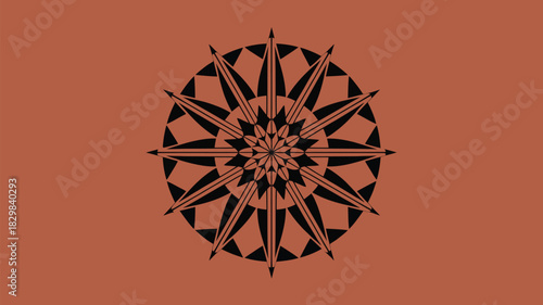 Striking geometric starburst pattern in black against a rich terracotta backdrop offers modern elegance and minimalist appeal for creative projects