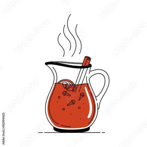 Festive jug with steaming aromatic mulled wine and spices  