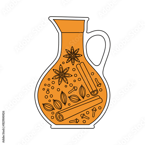 Festive jug filled with mulled wine spices and herbs in orange  