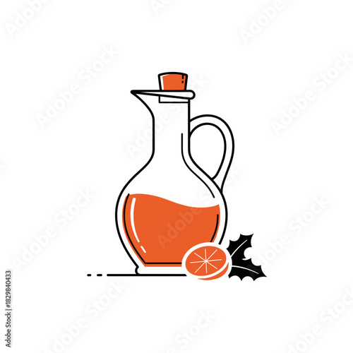 Festive jug with mulled wine and spices alongside orange slice and holly  