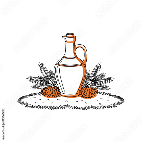 Festive jug with mulled wine and spices on a fur rug with pine cones  
