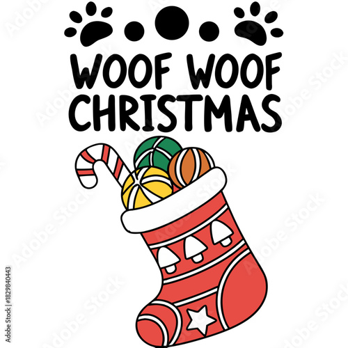 Woof Woof Christmas – Dog Paw Print Stocking, Winter Fun Art, Cute Holiday Pet Gift Illustration, Vector Graphic Design for T-shirt, Sweater, Card, and Decal, Xmas Present, Pet Lover, Apparel & Pooch