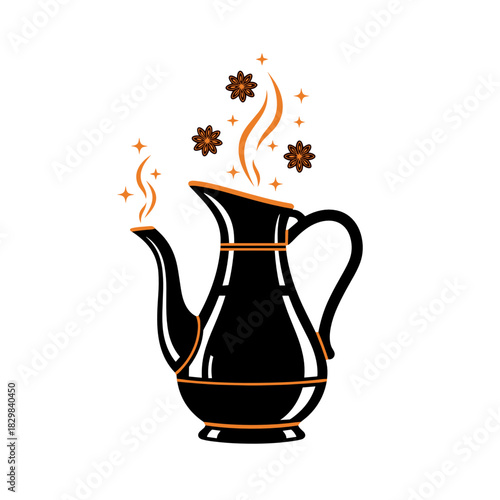 Festive jug with mulled wine and spices emitting aromatic steam  