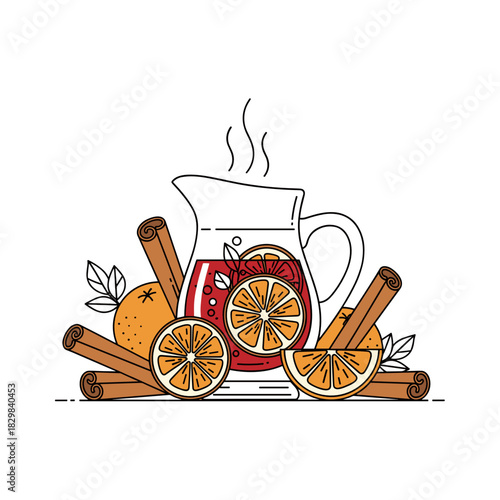 Festive jug with mulled wine and spices surrounded by oranges and cinnamon  