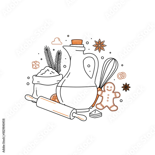 Festive jug with mulled wine and spices surrounded by baking ingredients  