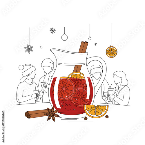 Festive jug with mulled wine and spices on a winter gathering  
