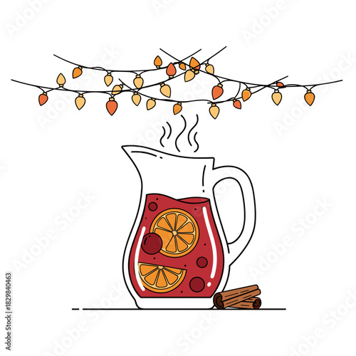 Festive jug with mulled wine and spices on white background  