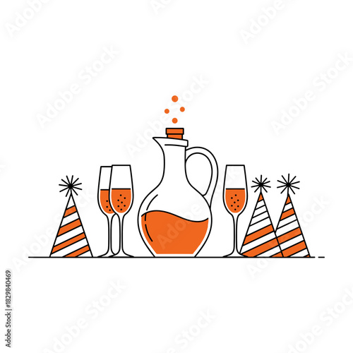 Festive jug with mulled wine and spices surrounded by glasses and hats  