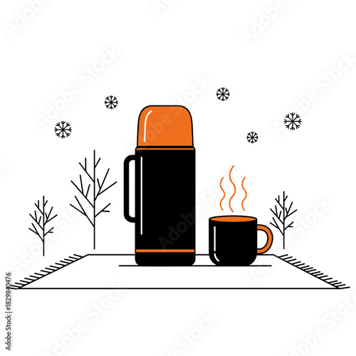 Thermos with orange lid and steaming cup of mulled wine in winter scene  