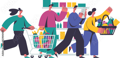 A diverse group of modern customers quickly moving through the busy retail supermarket aisle, actively selecting and purchasing goods, carrying baskets and pushing a trolley, showcasing business effic