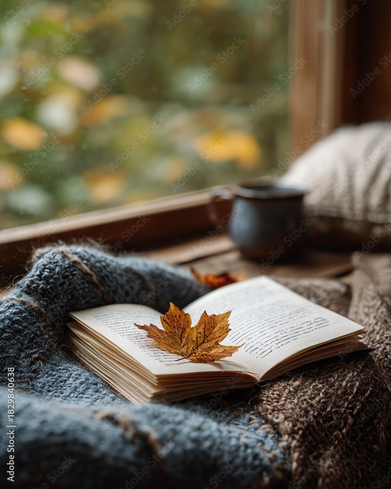 Fototapeta premium Fall Gratitude Journal A cozy scene featuring an open book, autumn leaves, and a warm beverage by a window.