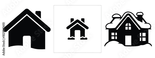 snowy house silhouette vector icon set