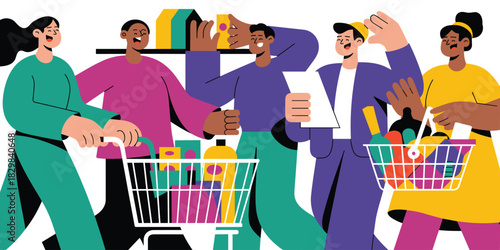 Diverse, cheerful group of five friends collaborating while grocery shopping in a bright retail environment, checking a paper list and pushing a full cart, depicted in a modern, vibrant flat illustrat