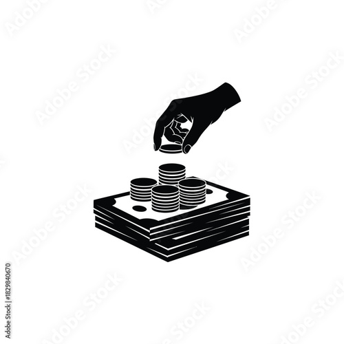 Hand placing coins on stack of money silhouette