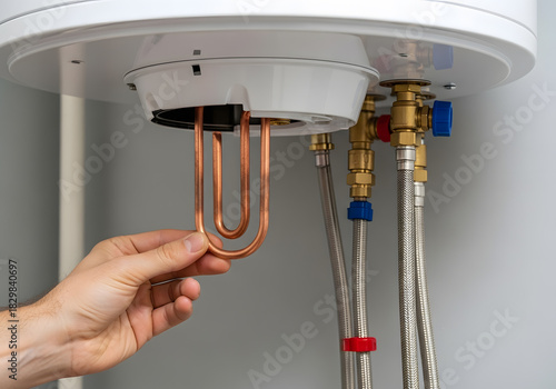 Replacing broken copper heating element in electric water heater | Professional plumber installing new boiler immersion heater element | Repairing domestic hot water tank heating coil maintenance