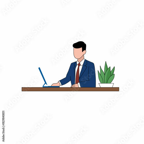 Man works on laptop, attracts new customers, makes ad mailing. Vector illustration of people characters activities.