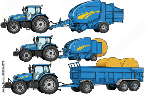 Agricultural Machinery Vector Set Featuring Blue Farm Tractors with Round Baler and Trailer for Hay Making, Harvest, and Modern Farming Operations