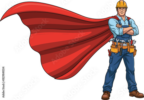 Cartoon construction superhero, yellow hard hat, red cape, tool belt, confident worker, blue shirt, jeans, repair hero, illustration