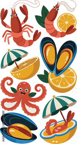 Playful vector cartoon illustration featuring cute, happy marine creatures like lobster, shrimp, and an octopus, surrounded by fresh lemons, juicy mussels, and small beach umbrellas, perfect for summe