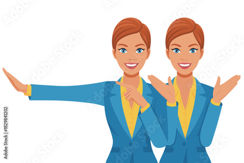 Friendly cartoon businesswoman illustration offering detailed guidance and positive welcome, professional female avatars pointing direction for corporate presentation, marketing, and customer service