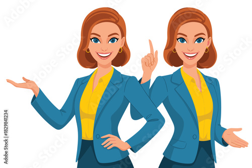 Confident professional businesswoman cartoon vector illustration presenting a solution, offering guidance and strategy advice with positive energy; expert financial executive explaining new concepts f