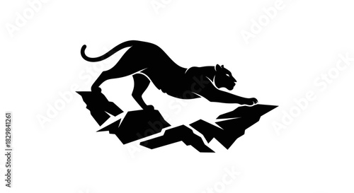 Black panther silhouette leaping over jagged mountain rocks.