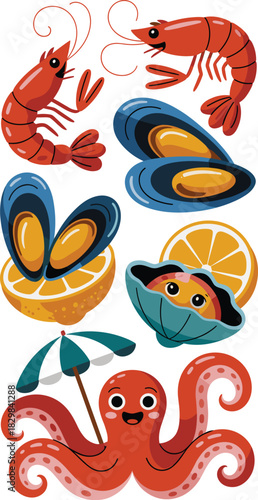 A collection of cute cartoon seafood characters including a smiling red octopus holding a beach umbrella, vibrant blue mussels served on a yellow lemon half, happy cooked shrimp, and a fun oyster desi