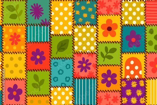 Seamless Patchwork Pattern Featuring Colorful Squares With Floral Polka Dot And Stripe Designs
