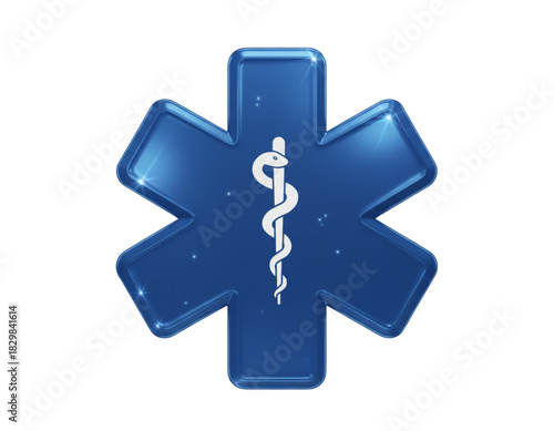 Blue Star of Life Medical Symbol with Glossy 3D Finish, Isolated on Transparent Background