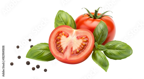 Ripe Tomato Half with Basil Leaves and Peppercorns on Black Background tomatoes fresh isolated on a transparent background