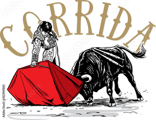 Corrida de Toros – Matador, Charging Bull, and Red Muleta Vector Art