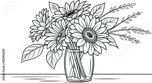 Sunflowers in outline. Line art of sunflowers illustration.