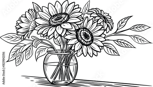 Sunflowers in outline. Line art of sunflowers illustration.