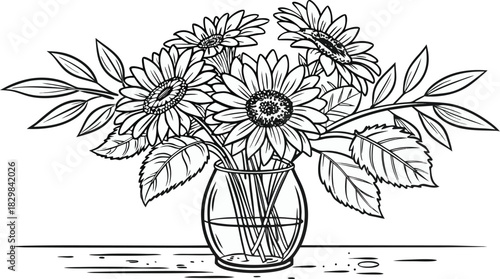 Sunflowers in outline. Line art of sunflowers illustration.