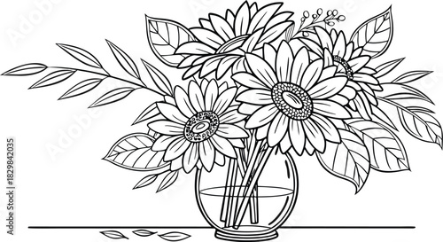 Sunflowers in outline. Line art of sunflowers illustration.