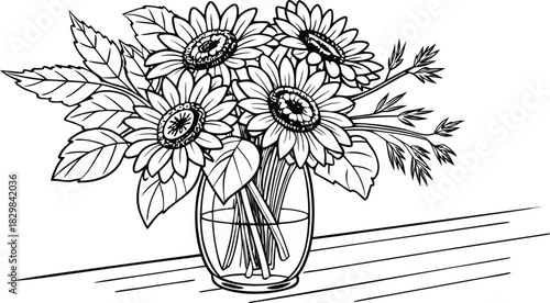 Sunflowers in outline. Line art of sunflowers illustration.