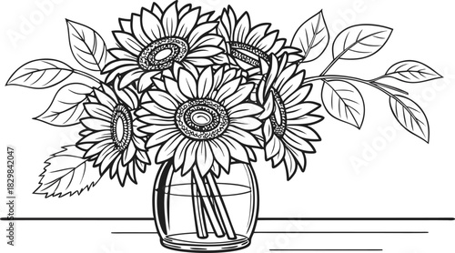 Sunflowers in outline. Line art of sunflowers illustration.