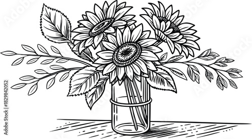 Sunflowers in outline. Line art of sunflowers illustration.