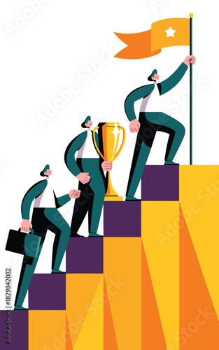 Ambitious business professionals climbing the corporate ladder of geometric success, reaching career goals while holding a large golden trophy and raising a victory flag, symbolizing achievement, prog