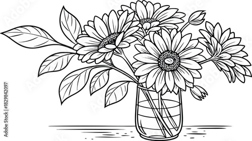 Sunflowers in outline. Line art of sunflowers illustration.