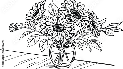Sunflowers in outline. Line art of sunflowers illustration.