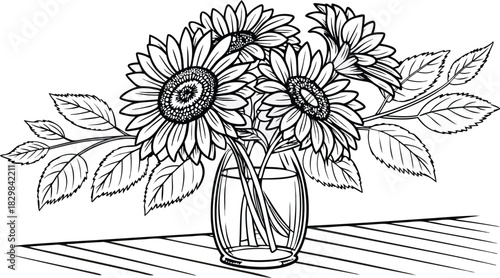 Sunflowers in outline. Line art of sunflowers illustration.