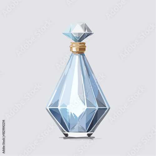 Elegant Faceted Crystal Perfume Bottle With Gold Accents And Diamond Stopper On A Subtle Gray Background Elegant Luxury Fragrance Container With Geometric Design And Sparkling Light Reflections