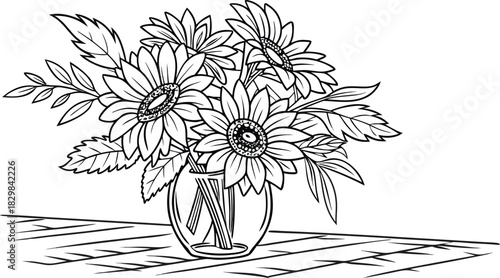 Sunflowers in outline. Line art of sunflowers illustration.