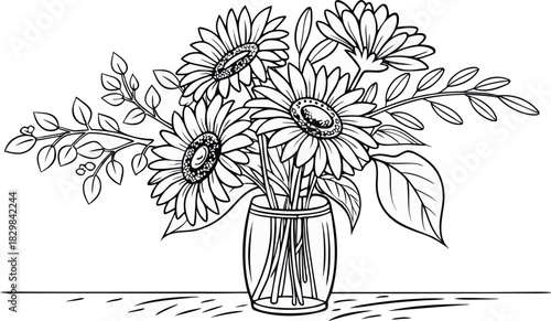 Sunflowers in outline. Line art of sunflowers illustration.
