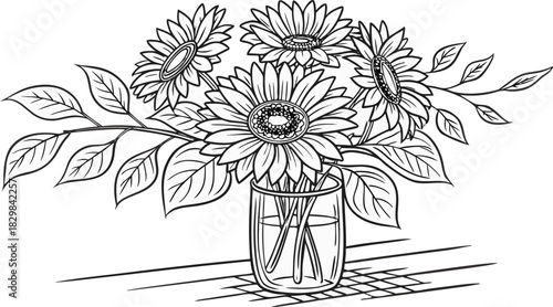 Sunflowers in outline. Line art of sunflowers illustration.
