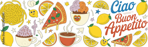 Playful retro 70s vector illustration banner featuring popular Italian food items like melted pizza, spaghetti, coffee, gelato, and fresh lemons surrounding the phrase “Ciao Buon Appetito,” a vibrant