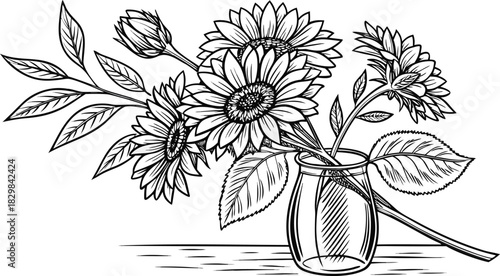 Sunflowers in outline. Line art of sunflowers illustration.